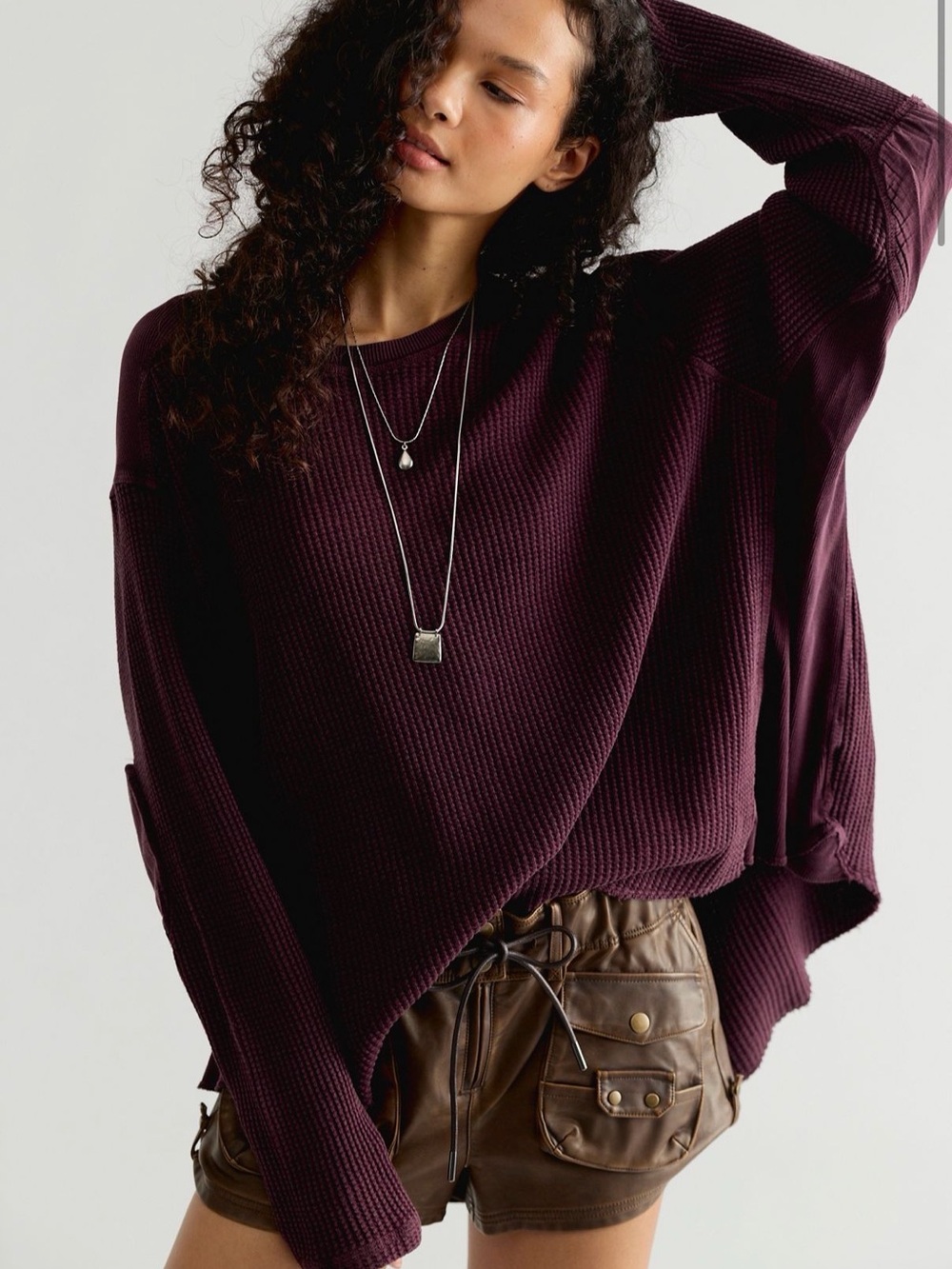 Women’s Free People Oversized Waffle Knit Sweater - Deep Plum